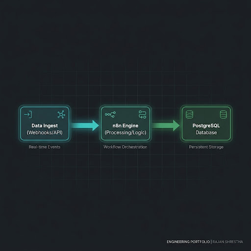 A realistic technical diagram of an automation workflow showing Data Ingest, n8n Engine, and PostgreSQL database.
